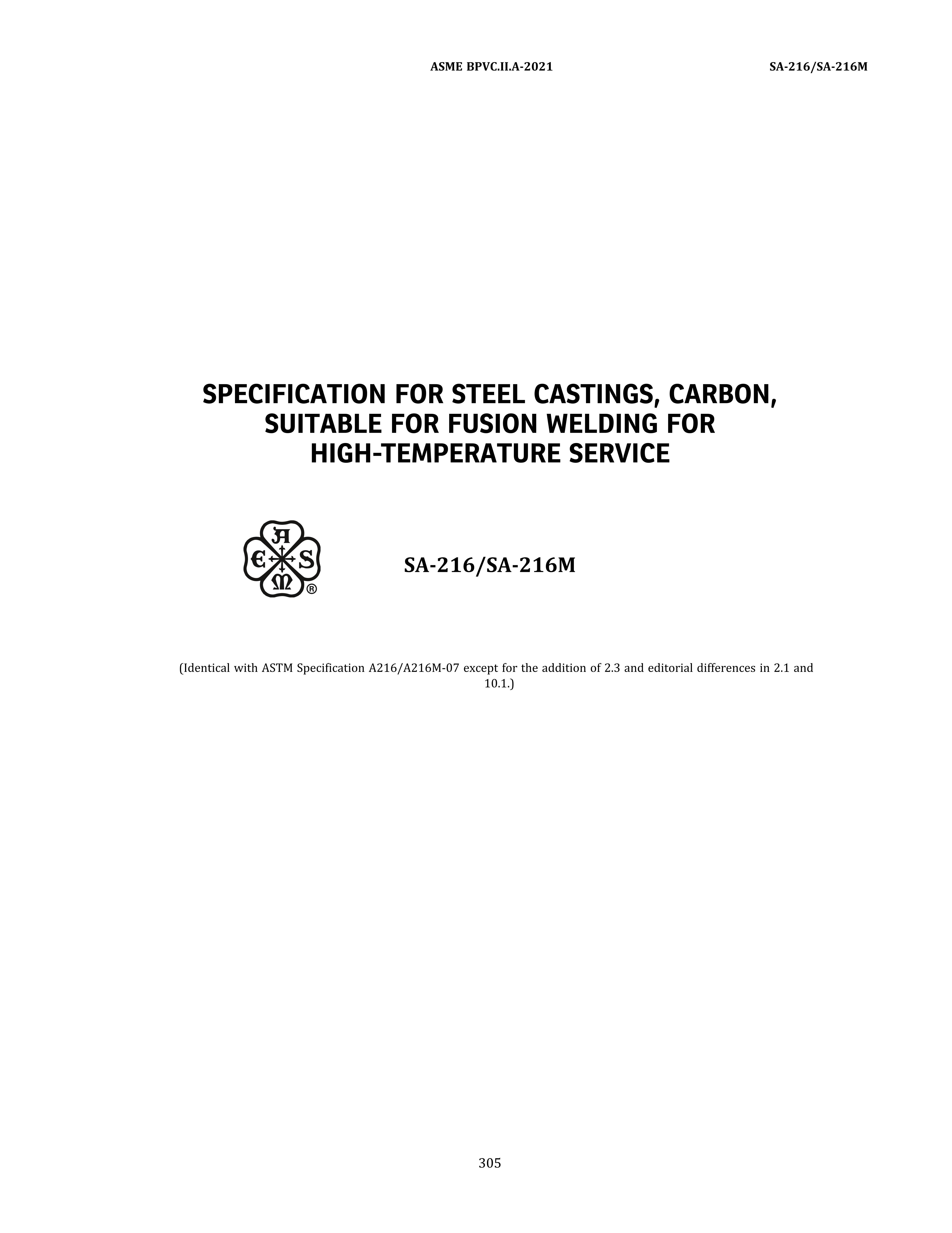 ASME SA-216 SPECIFICATION FOR STEEL CASTINGS, CARBON, SUITABLE FOR FUSION WELDIN