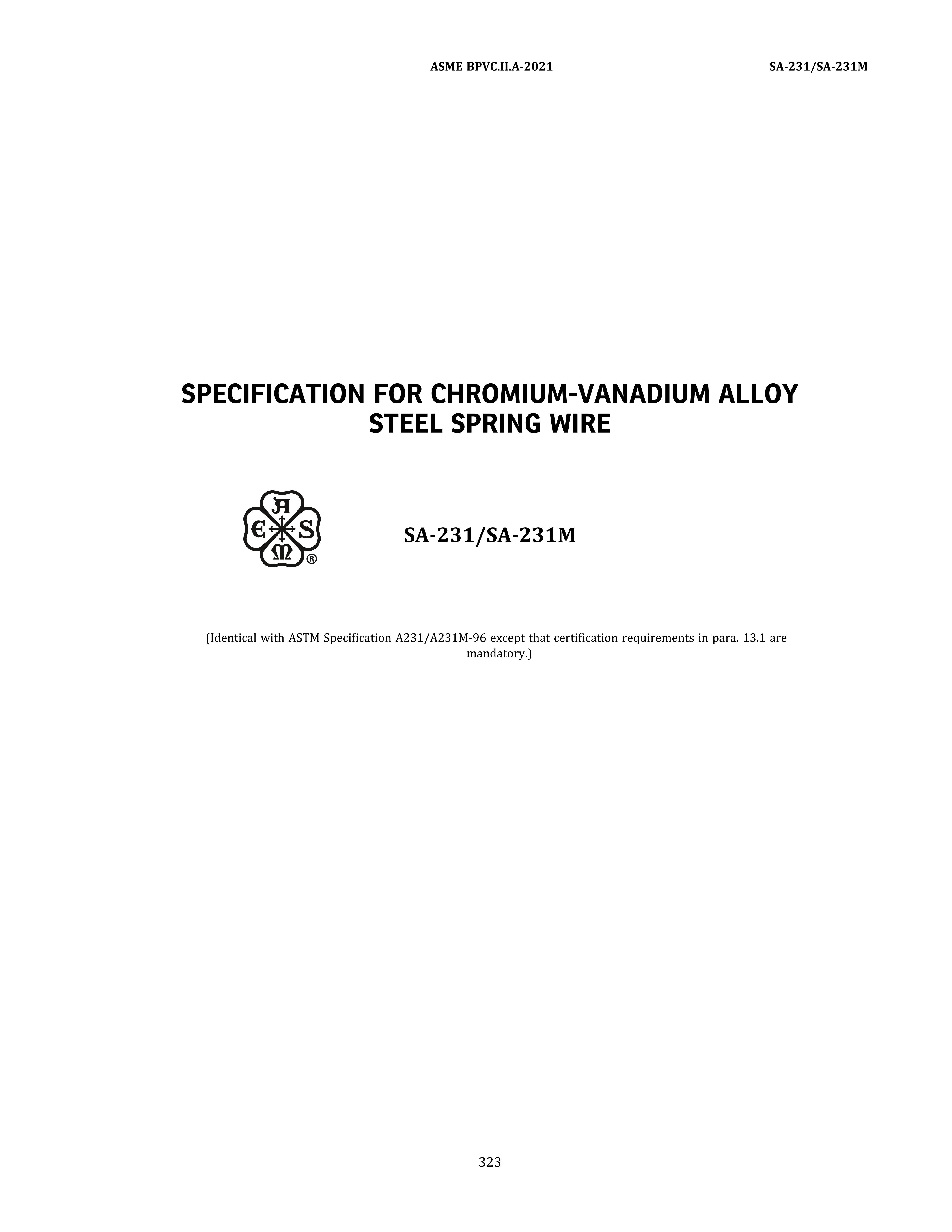 ASME SA-231 SPECIFICATION FOR CHROMIUM-VANADIUM ALLOY STEEL SPRING WIRE