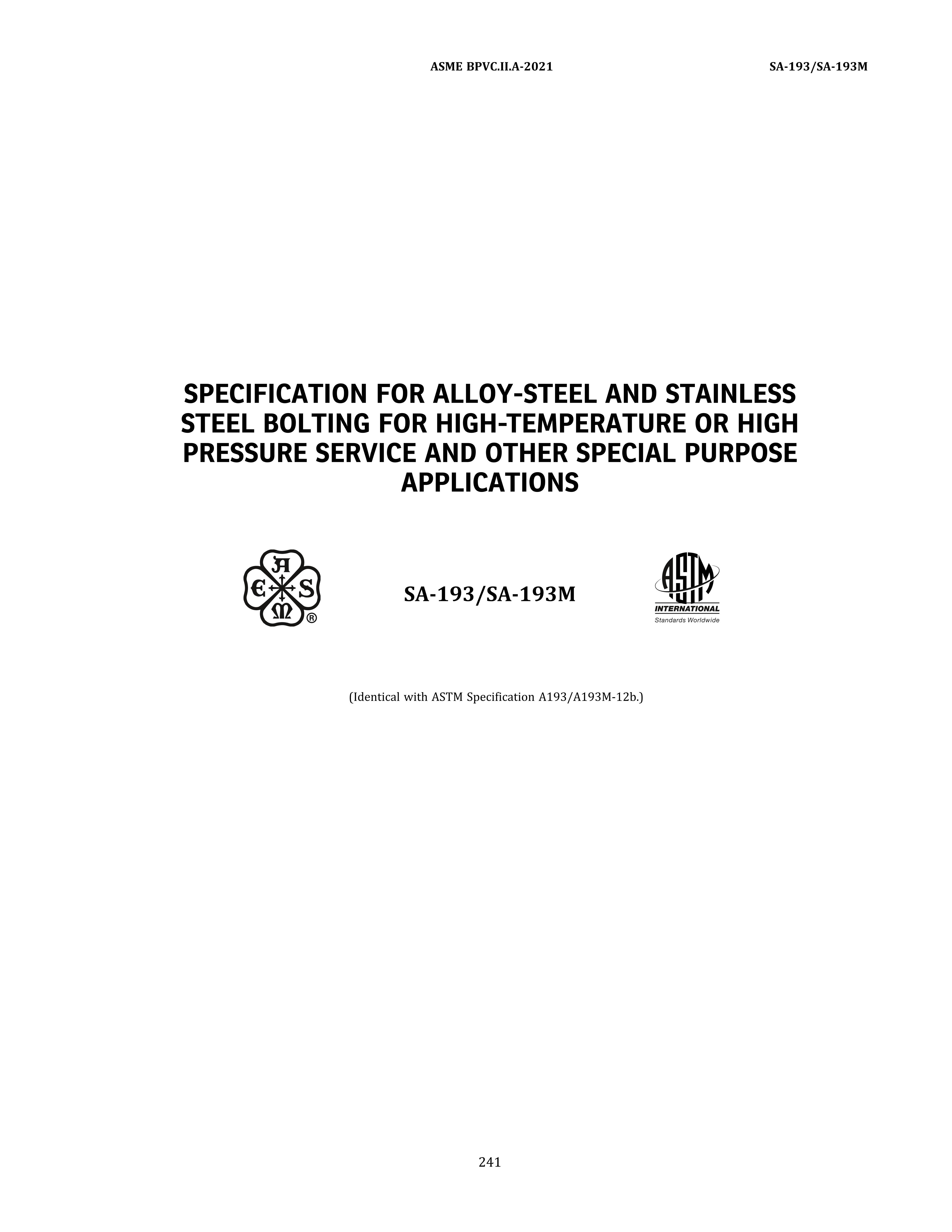 ASME SA-193/SA-193M ALLOY-STEEL AND STAINLESS STEEL BOLTING FOR HIGH-TEMPERATURE