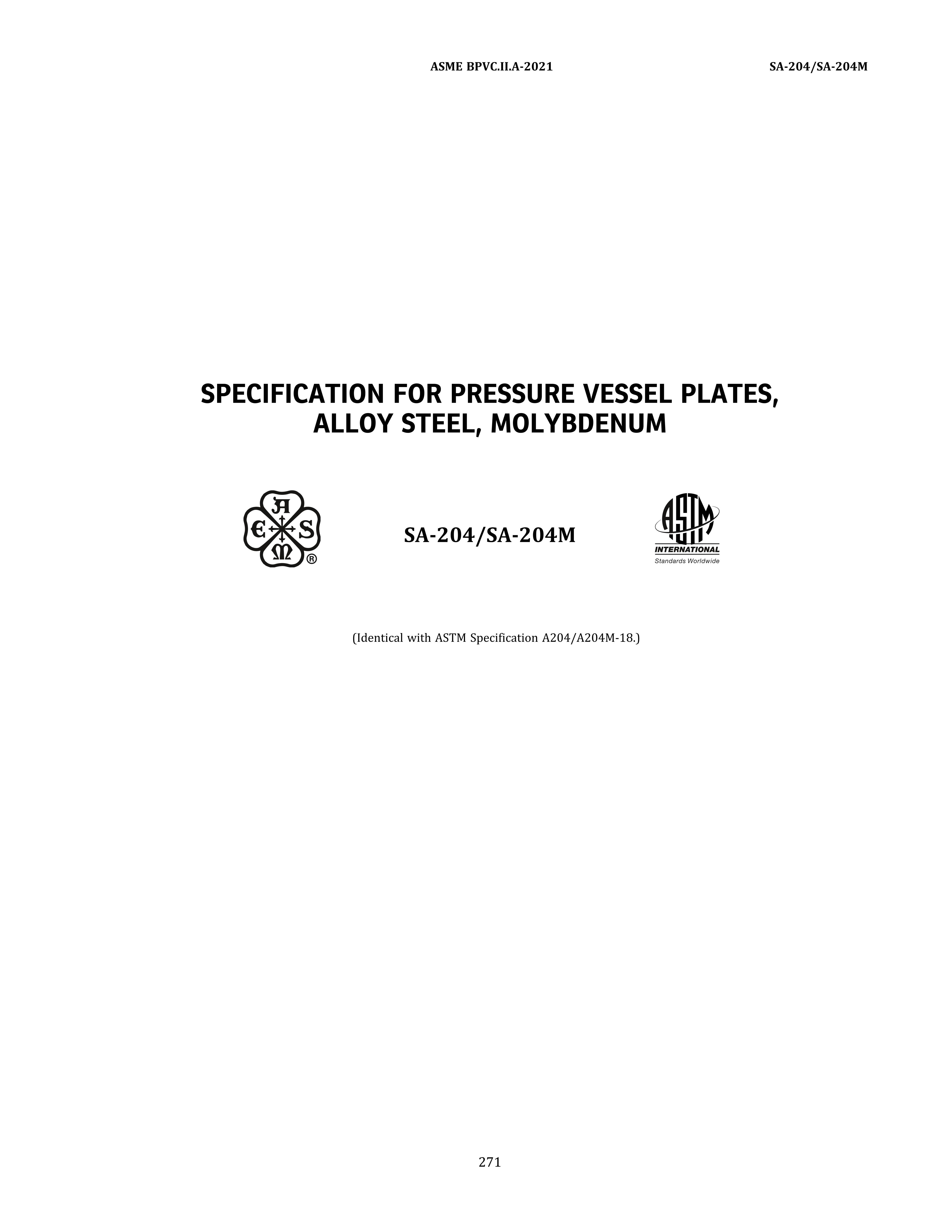 ASME SA-204 SPECIFICATION FOR PRESSURE VESSEL PLATES, ALLOY STEEL, MOLYBDENUM