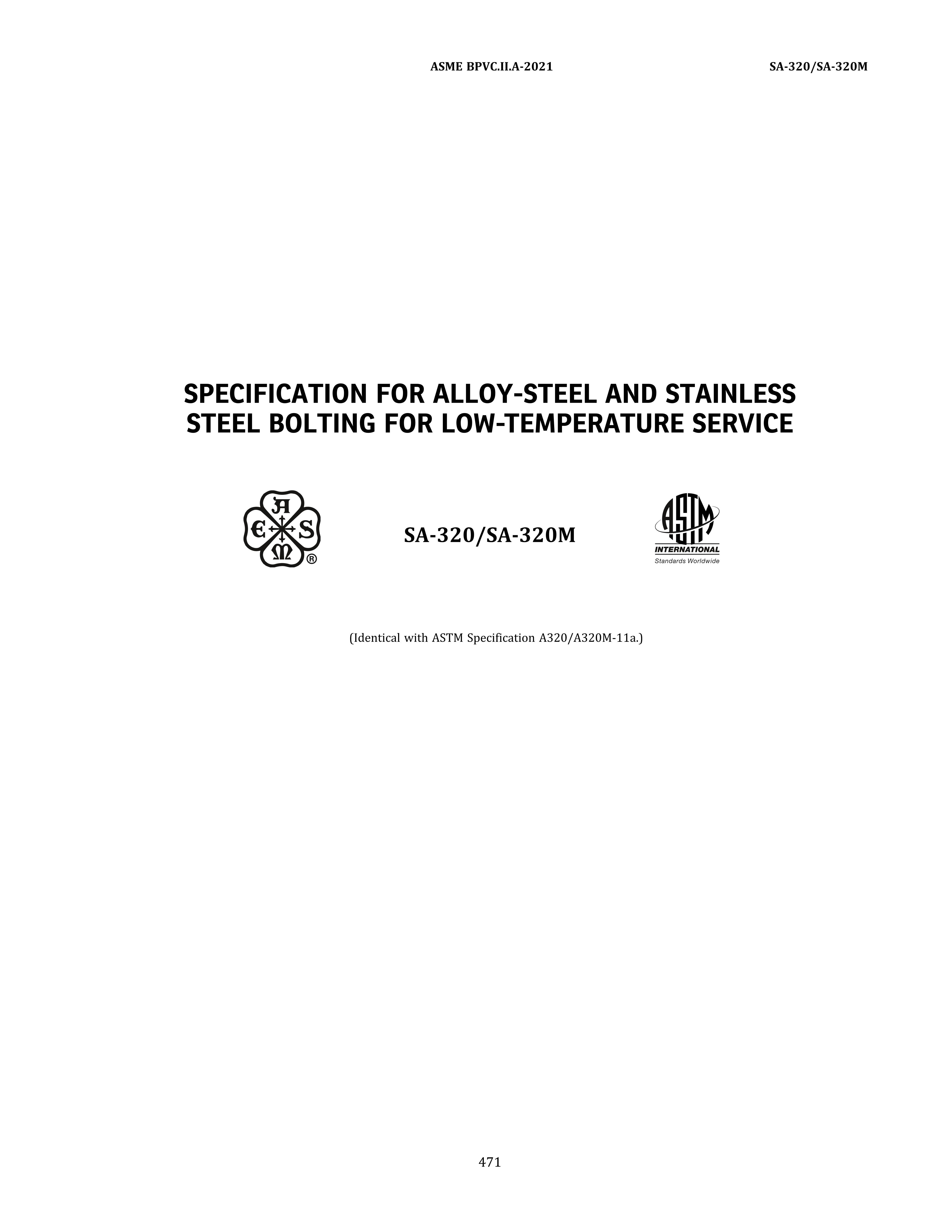 ASME SA-320 ALLOY-STEEL AND STAINLESS STEEL BOLTING FOR LOW-TEMPERATURE SERVICE