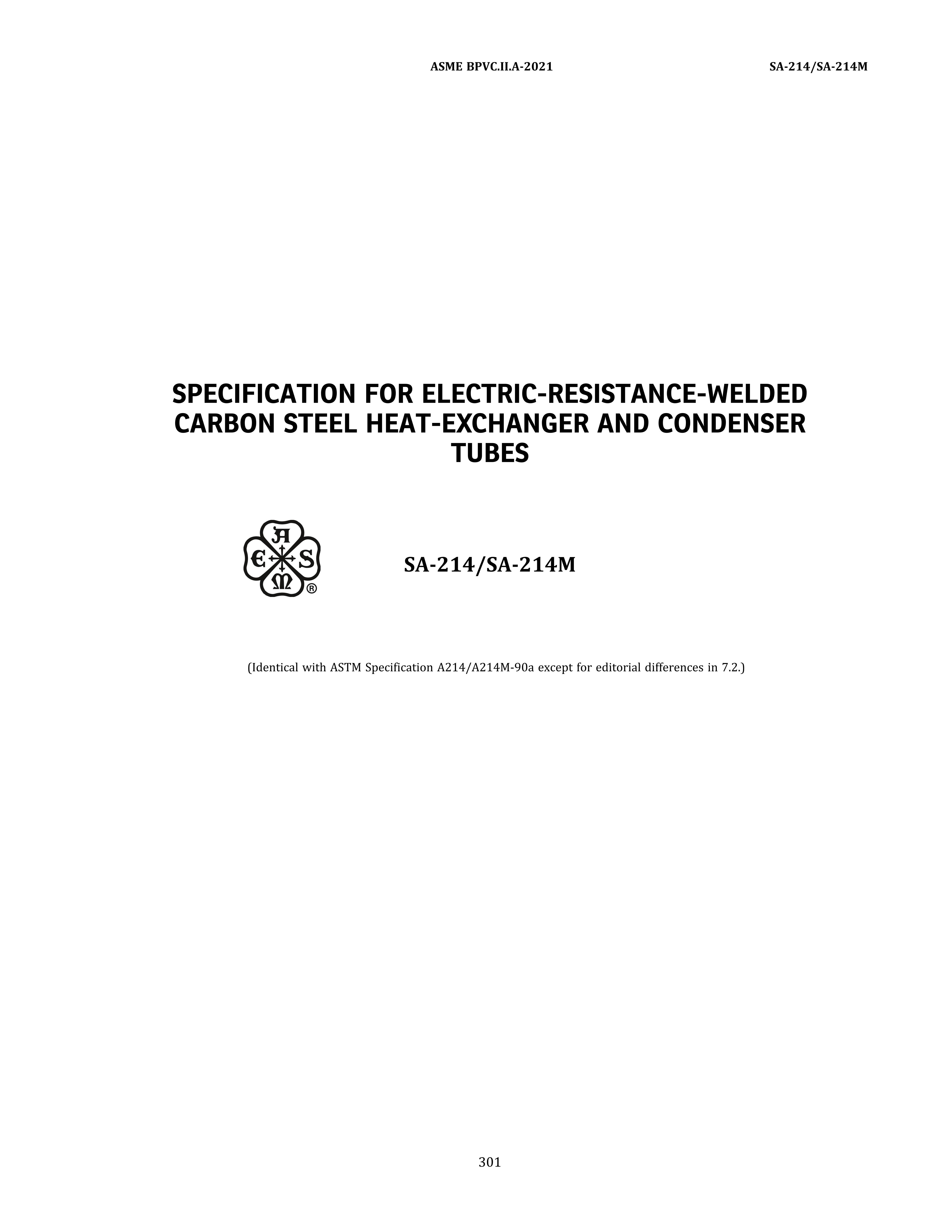 ASME SA-214 SPECIFICATION FOR ELECTRIC-RESISTANCE-WELDED CARBON STEEL HEAT-EXCHA