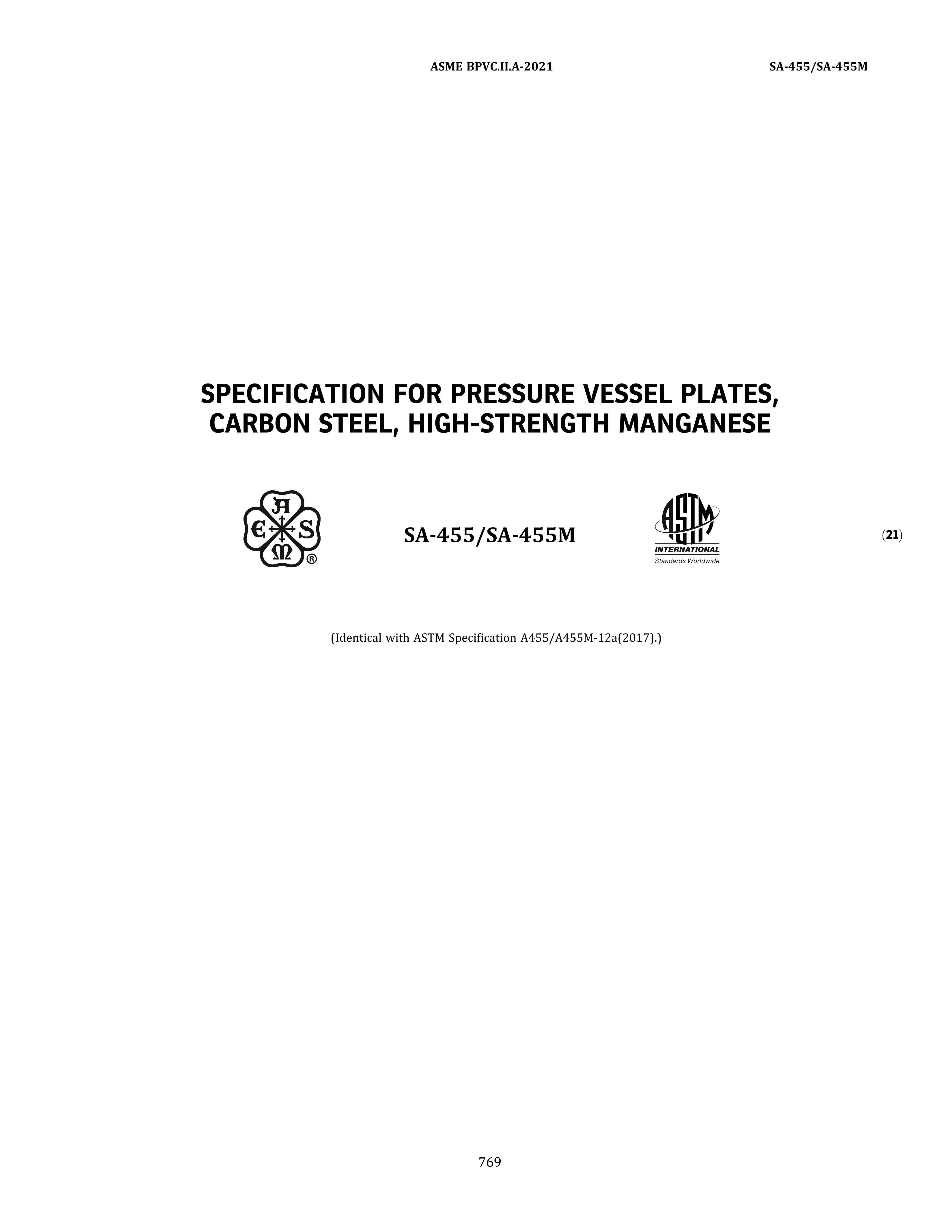 ASME SA455/455M PRESSURE VESSEL PLATES, CARBON STEEL, HIGH-STRENGTH MANAGNESE