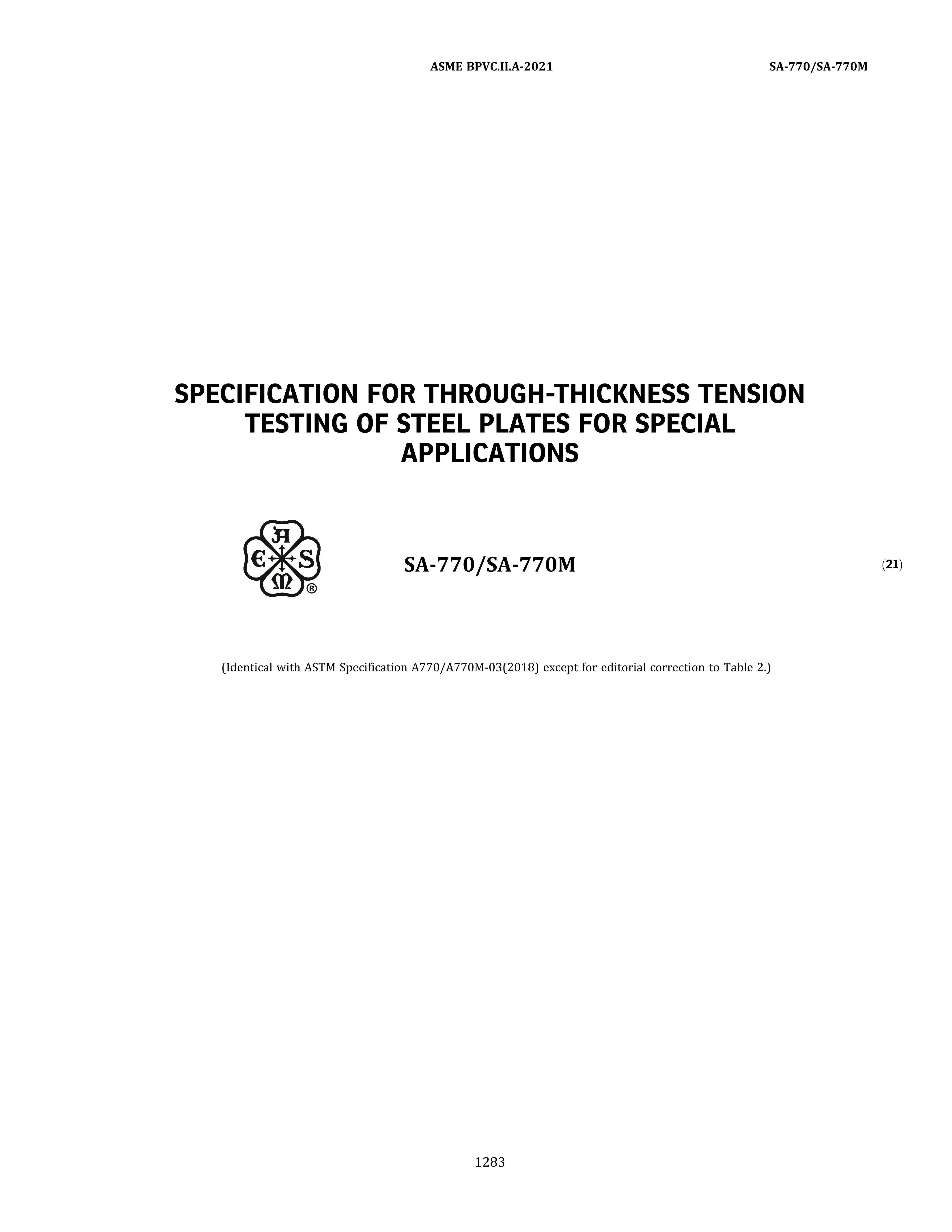 ASME SA-770 SPECIFICATION FOR THROUGH-THICKNESS TENSION TESTING OF STEEL PLATES 