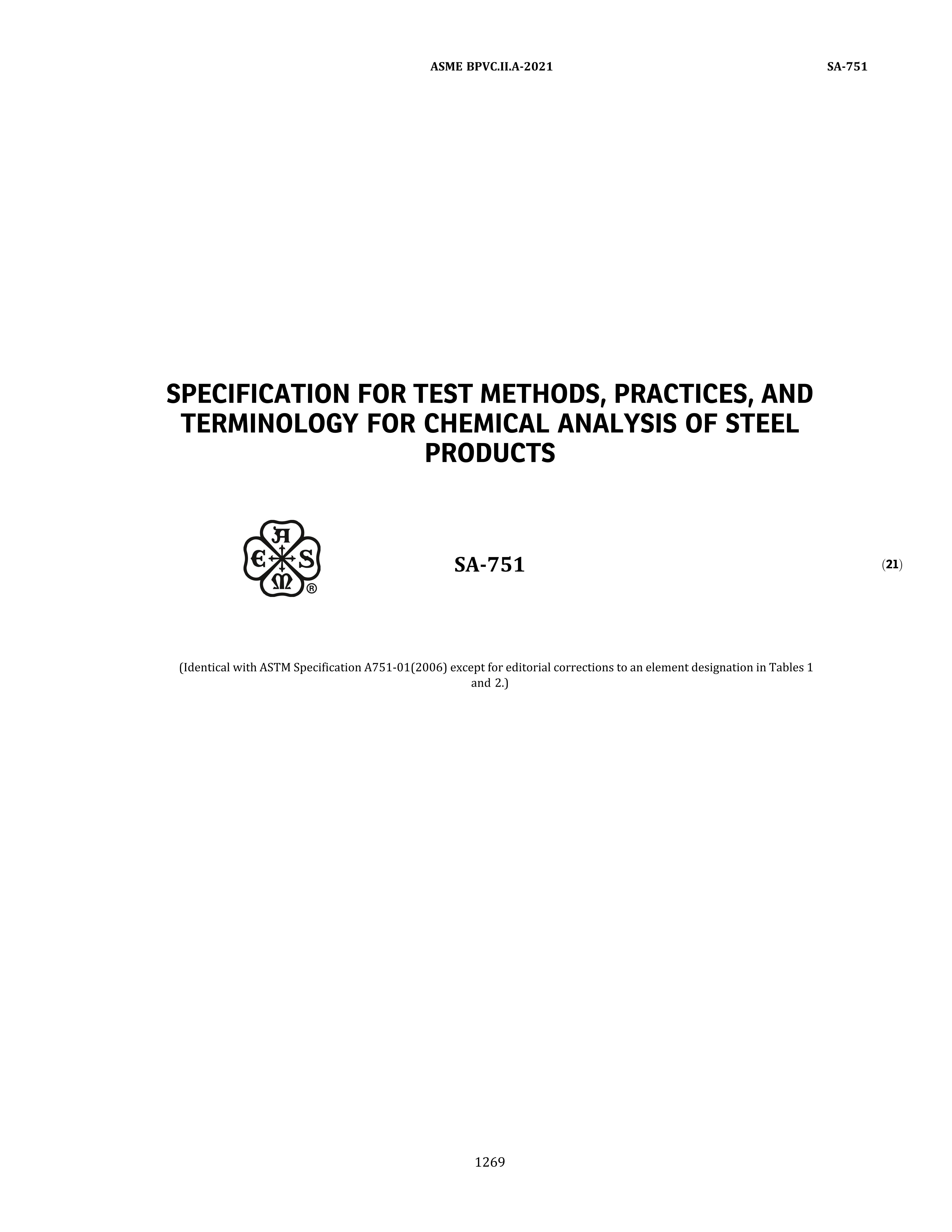 ASME SA-751 SPECIFICATION FOR TEST METHODS, PRACTICES, AND TERMINOLOGY FOR 