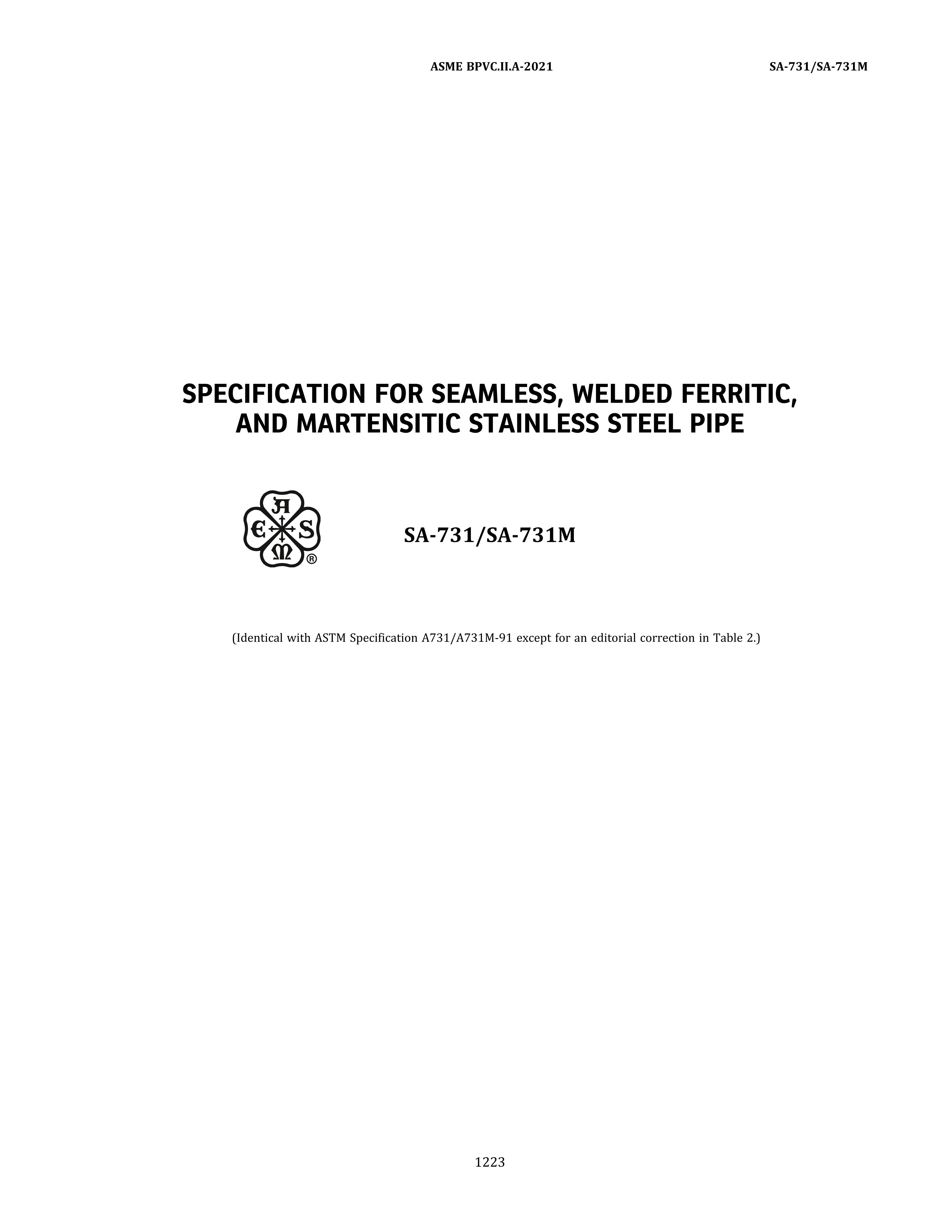 ASME SA-731 SPECIFICATION FOR SEAMLESS, WELDED FERRITIC, AND MARTENSITIC STAINLE