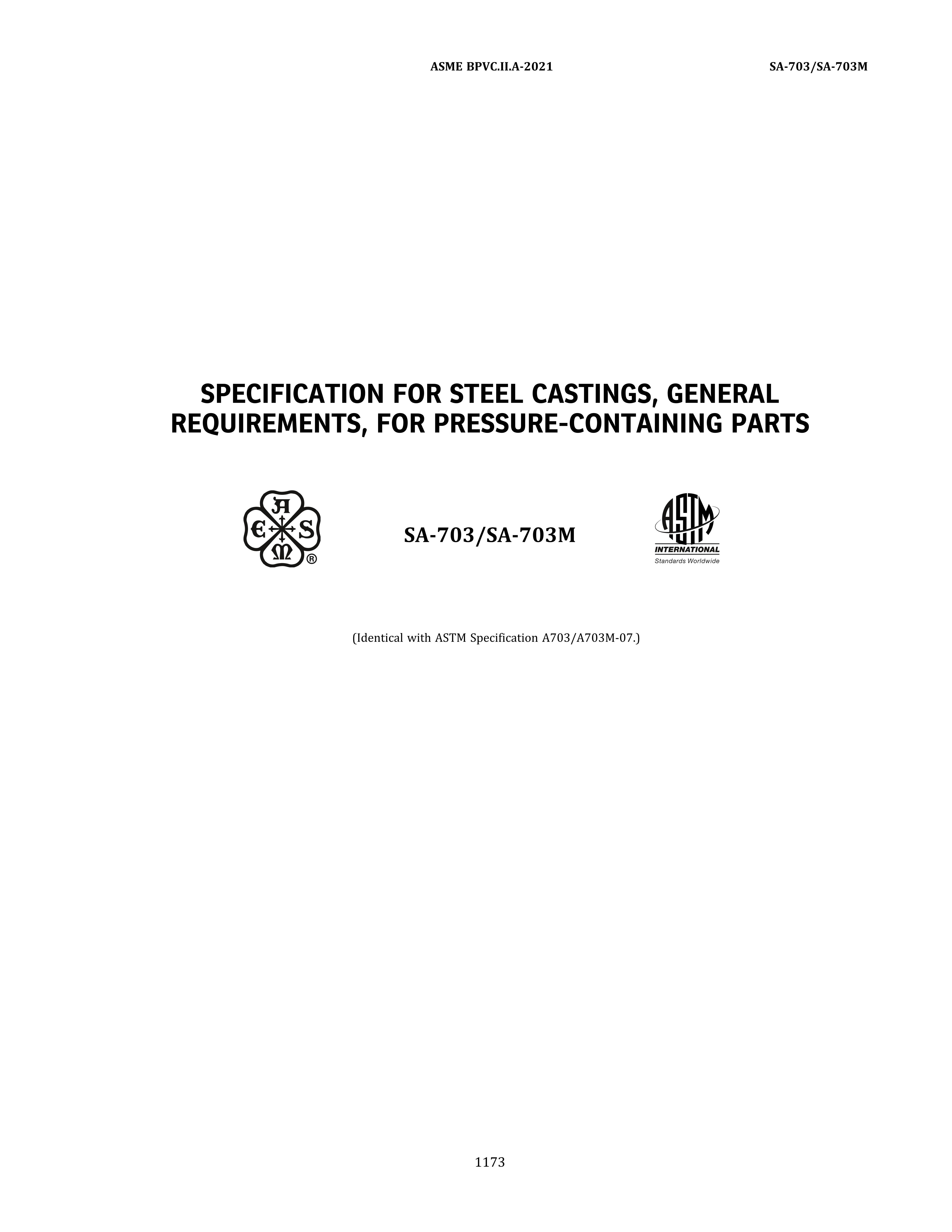 ASME SA-703 SPECIFICATION FOR STEEL CASTINGS, GENERAL REQUIREMENTS, FOR PRESSURE